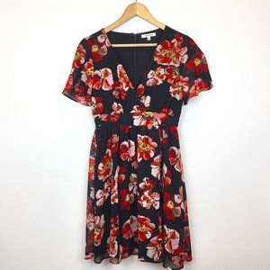 Madewell Black French Rose Floral Tulip Sleeve V Neck Mini Dress, Size 00, EUC